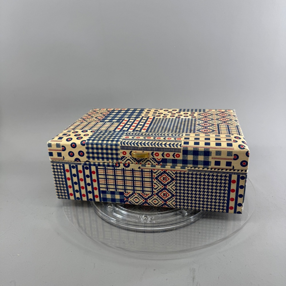 Buxton Vintage Jewelry Box Patchwork Geometric Print Organizer Blue Red USA